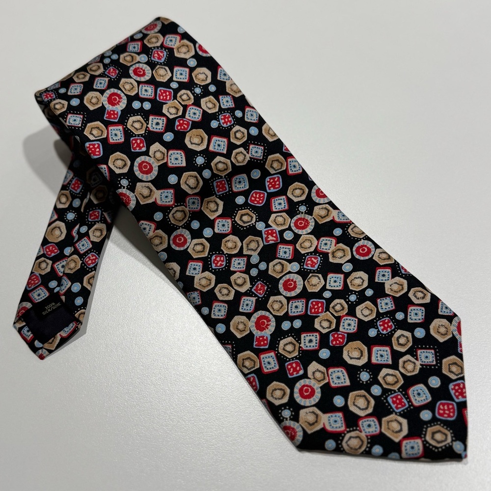 Vintage Charvet 100% Silk Necktie Geometric Abstract Print Black